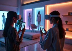 Покупатель использует дополненную реальность для примерки одежды и расстановки мебели в интерьере через смартфон и VR очки