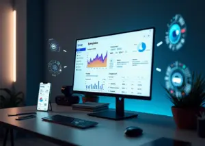 Маркетолог запускает AI-оптимизированную рекламную кампанию в Яндекс.Директ на фоне интерфейса и графиков e-commerce