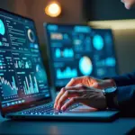 Владелец интернет‑магазина за ноутбуком с аналитикой продаж и иконками AI на экране