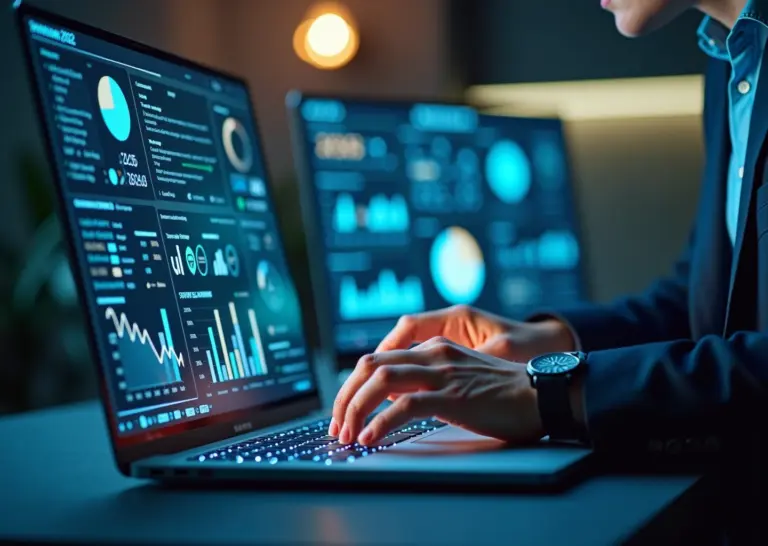 Владелец интернет‑магазина за ноутбуком с аналитикой продаж и иконками AI на экране