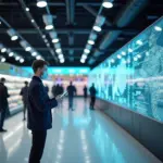 Интерьер супермаркета с камерами, тепловой картой покупателей и интерфейсом AI‑аналитики для контроля очередей и выкладки товаров