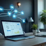 Рабочее место с ноутбуком и смартфоном показывающими дашборд e‑commerce, иконки CRM CMS и AI соединены светящимися линиями символизирующими API‑интеграцию