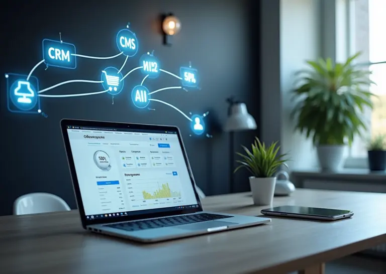 Рабочее место с ноутбуком и смартфоном показывающими дашборд e‑commerce, иконки CRM CMS и AI соединены светящимися линиями символизирующими API‑интеграцию