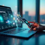 Фотореалистичное изображение: рабочее место интернет‑магазина с ноутбуком и смартфоном, голографические иконки ИИ, рендеры товаров и виртуальный помощник на экране