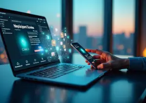 Фотореалистичное изображение: рабочее место интернет‑магазина с ноутбуком и смартфоном, голографические иконки ИИ, рендеры товаров и виртуальный помощник на экране