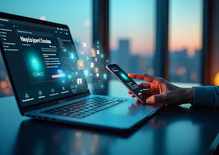 Фотореалистичное изображение: рабочее место интернет‑магазина с ноутбуком и смартфоном, голографические иконки ИИ, рендеры товаров и виртуальный помощник на экране