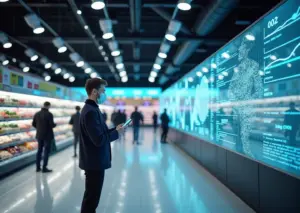 Интерьер супермаркета с камерами, тепловой картой покупателей и интерфейсом AI‑аналитики для контроля очередей и выкладки товаров